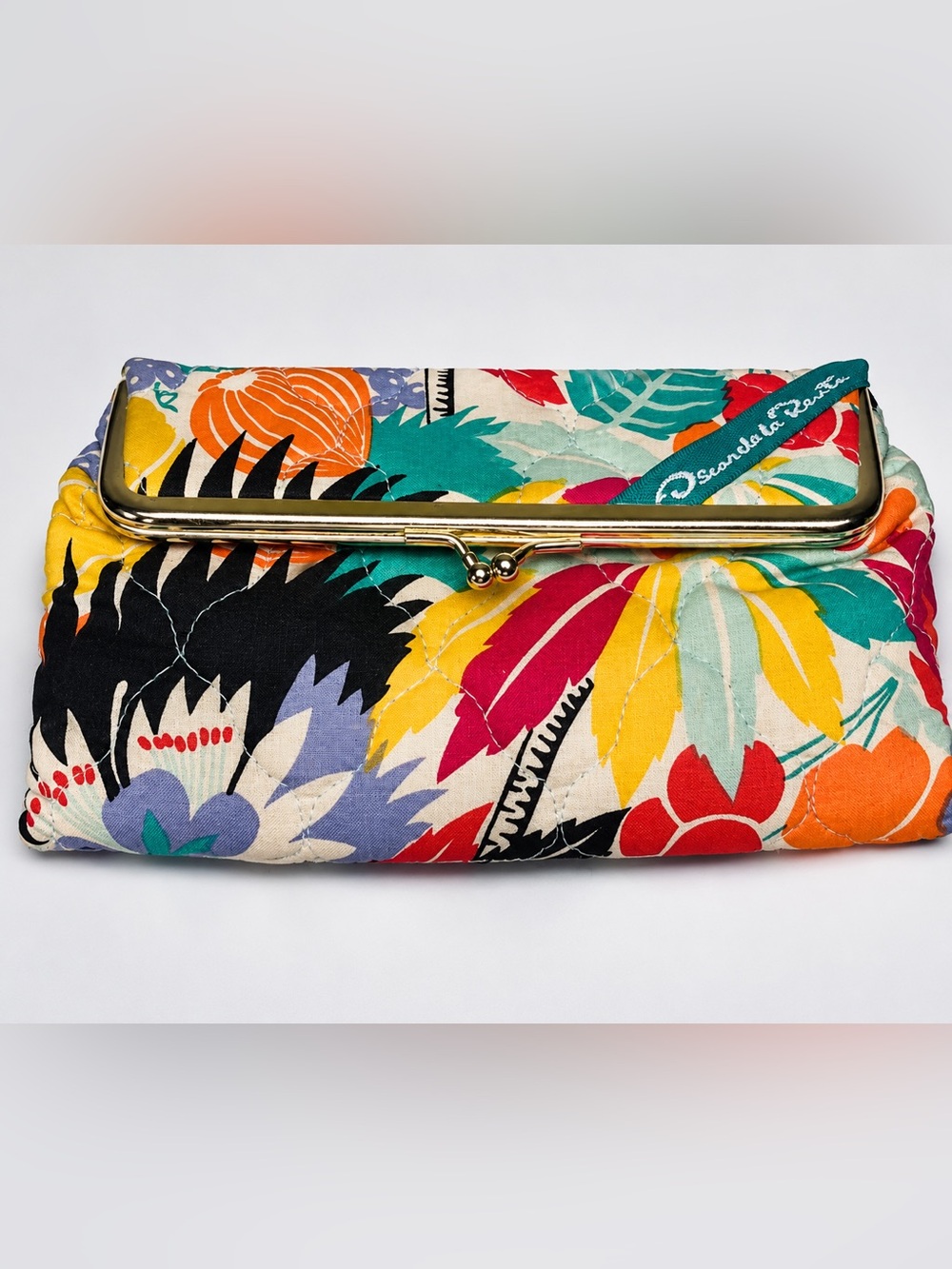 Vintage Oscar de la Renta Quilted Tropical Floral Mirror Clutch